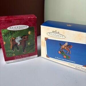 HALLMARK Brown Toy Pony on Green Wagon with Teddy - Holiday Collectible